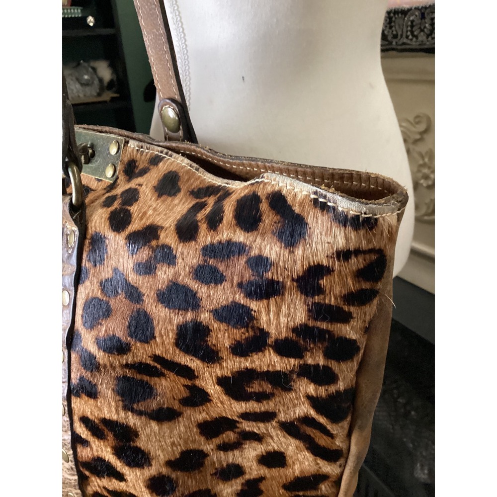 Patricia Nash Leopard Calf Hair Distressed Leather Tote Bag Brown Large Studded - Picture 3 of 10